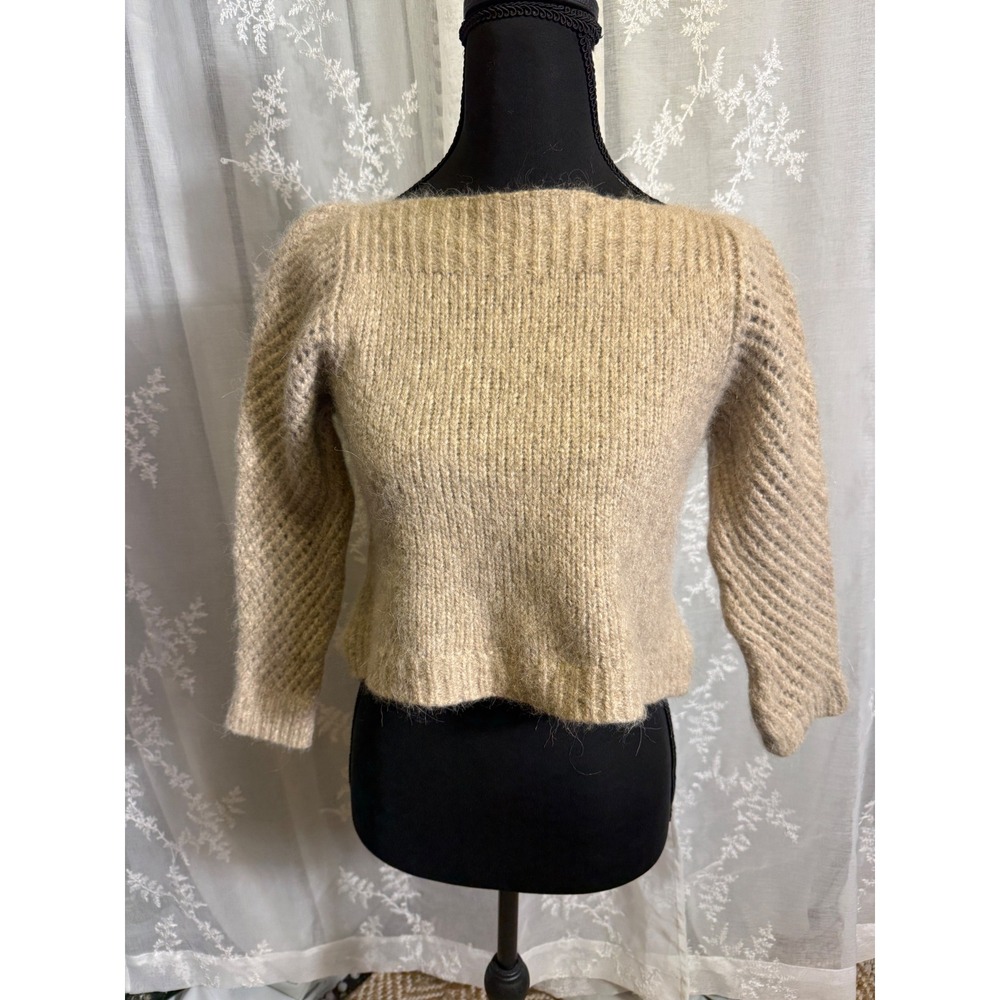 LoveShackFancy Baby Alpaca Womens Oatmeal Beige Ribbed Knit Cropped Sweater XS